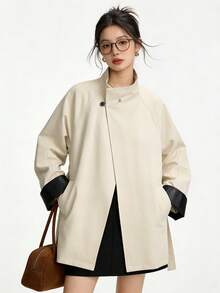 Commuter Versatile Premium Purple Stand Collar Mid-Length Trench Coat Button-Up Jacket, Suitable For Campus, Office, Daily Wear In Spring And Autumn - Khaki - View 6
