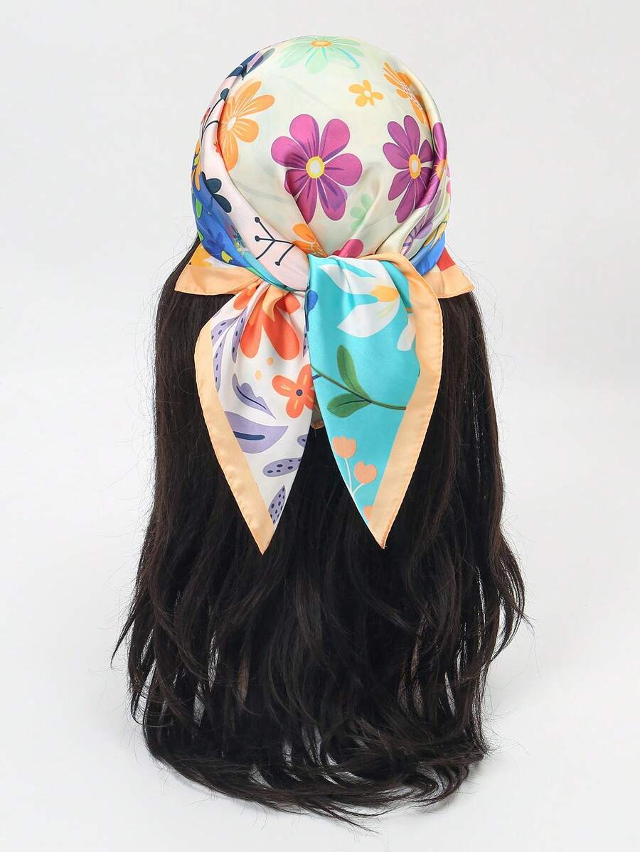 1pc Bandana Watercolor Ditsy Floral Scarf, Light Background Dainty Flower Healing Landscape Design, Multi-Use Neck Tie, Hair Band, Bag Accessory, Elegant Square Scarf - Multicolor - View 1