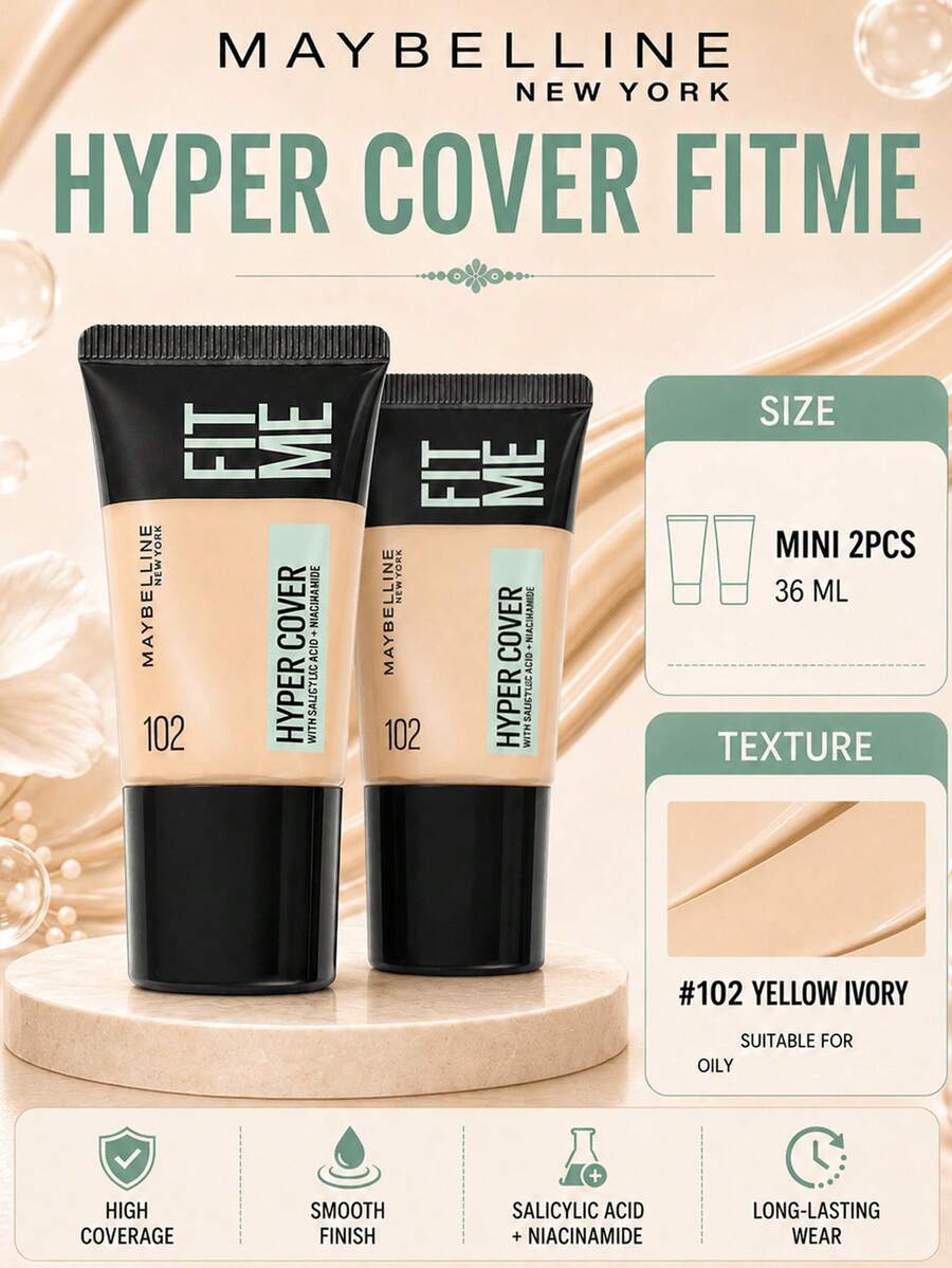 Maybelline 美寶林客製化粉底液完美版 102，試用裝 18ml*2件，輕盈貼合質地，高遮瑕，長效持妝，抗暗沉，黃白調