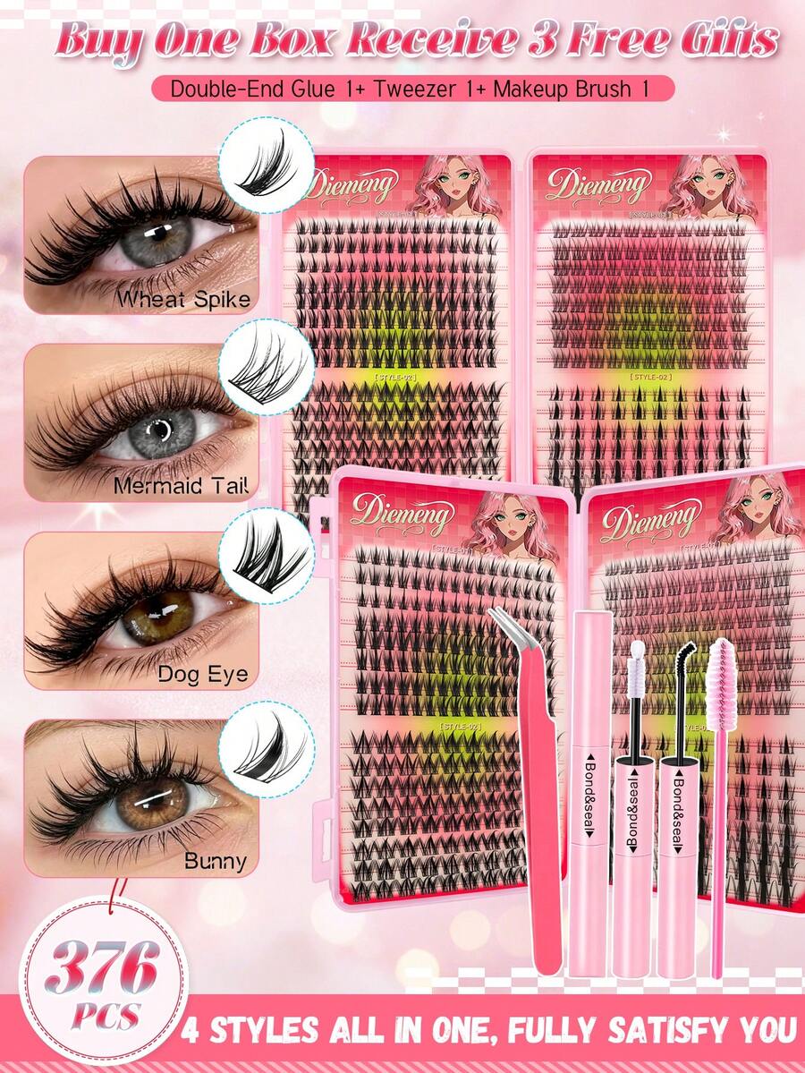Kit Ekstensi Bulu Mata DIY 620 Pcs T50+A04+50D+60D Campuran dalam Baki, Bulu Mata Individual Alami, Lembut, dan Tipis dengan Perekat dan Pinset untuk Pemula - Berwarna merah muda - View 1