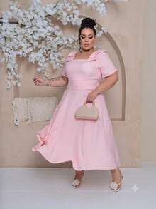 Women's Midi Plus Size Lined Dress With Square Neckline, Short Sleeves, Shoulder Bow, Padded Cups, And Elastic Back In Duna Linen - Elegant Party Dress - 淺粉色 - 查看 3