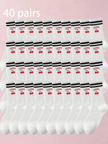 1/3/5 Pairs 3D Printed Cherry Pattern Mid-Calf Socks, Colorful Red Striped Ribbed Splicing Details, Soft And Skin-Friendly - Red - View 25