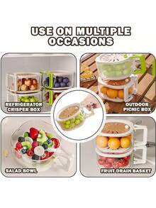 2-In-1 Double Layer Colander With Foldable Handle, Fruit Strainer Container, Multi-Functional Food Filter Basket, Refrigerator Fresh-Keeping Basket, Thickened Fruit Tray, Suitable For Kitchen, Refrigerator, Camping And Picnic - Multicolor - View 8
