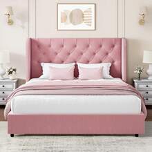 Modern Velvet Upholstered Bed Frame With Curved Wingback Design, Wooden Platform Bed Frame For Bedroom, Full Bed Frame/ Queen Bed Frame/ King Bed Frame/ Full Size Bed Frame/ Queen Size Bed Frame/ King Size Bed Frame,Pink/ White/ Grey - 粉色 - 查看 5