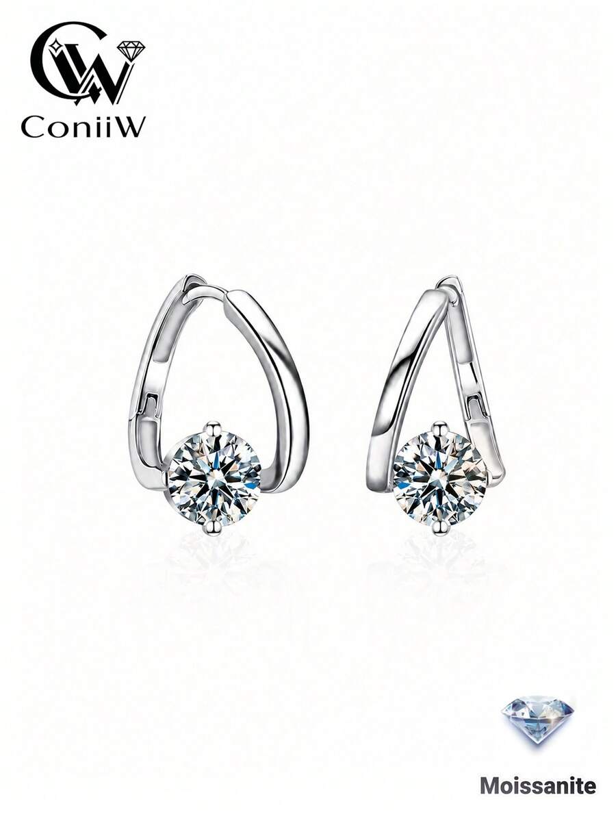 ConiiW 1 Pair 925 Sterling Silver 1ct Moissanite Stud Earrings For Women, Asymmetrical Shape, Suitable For Daily Wear, Parties And Dates