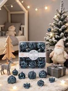 18pcs Deep Blue Metallic Christmas Ball Ornament Set, Shatterproof Christmas Hanging Balls With Candy, Mini Tree, Bow Shapes, Gold Star Tree Topper, Suitable For Christmas Tree, Holiday Party, Home Window, New Year Wedding Decoration - Dark Blue - View 5
