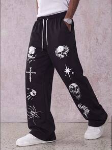 MAISONFOX Men's Skull Print Street Hip-Hop Sweatpants Wide Leg,Retro Old Money Style Drawstring Casual Comfortable Straight Leg Pants,Loose Fit Unisex Jogger - Black - View 4