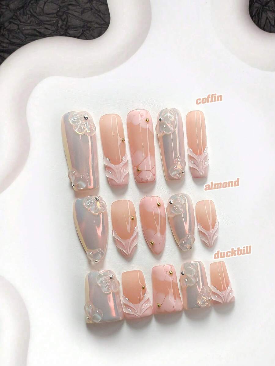 10片裝極簡柔美風手工穿戴甲,Polygel美甲套組,花卉設計,粉色指甲油,極簡低調奢華風,附美甲工具,3種尺寸可選,杏仁/鴨嘴/棺材形,適合派對、跳舞、日常配戴 - 彩色 - 查看 1