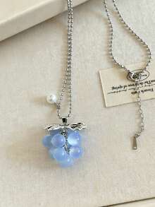 Niche Clear Blue Cat Eye Grape Bead Long Titanium Steel Necklace For Women, Minimalist High-End Non-Fading Sweater Chain - Baby Blue - View 9