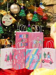 6pcs/1pc Pink-Themed Gift Bags (Featuring "Merry Christmas," Snowflake, And Christmas Tree Patterns) – Suitable For Gift Wrapping For Christmas Parties, Winter-Themed Events, Christmas Dinners, Birthday Parties, And More. - One Size Fits All - View 4
