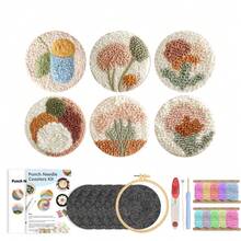 6pcs Adult Beginner Punch Needle Coaster Material Kit | Landscape Pattern Punch Embroidery Set, Includes Yarn, Embroidery Hoop, Needle Threader, Felt Fabric, Tutorial; DIY Coaster Handmade Material, Suitable For Home Decor, Gift Making - One Size Fits All - View 13