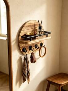 1 Stück runder Holz-Schlüsselhalter mit Wandmontage und Regal, 4 Metallhaken, Eingangsbereich-Organizer, modernes hängendes Aufbewahrungsregal für Schlüssel, Taschen und kleine Gegenstände, Wohndekoration für Flur, Schlafzimmer, Wohnung, Einweihungsgeschenk - Verschiedenfarbig - Übersicht 8