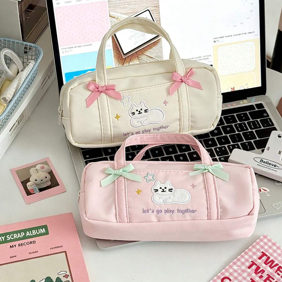 [Back To School] 2pcs/1pc Cute Embroidered Cat Bowknot Pencil Case, Portable Handheld Stationery Bag, Large Capacity Makeup Pencil Pouch, Suitable For Students, Children, Office Supplies - Kitten Pencil Case - View 1
