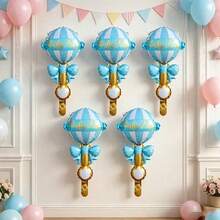 Blue & Pink Striped Rattle Shaped Foil Balloon, Baby Boy Theme Gender Reveal Party Decoration, Baby Shower Atmosphere Photo Prop - Multicolor - View 2