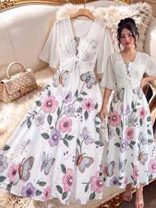 Women's Fashion Elegant Pearl 3D Floral Print Dress Chiffon Jacket Elegant 2-Piece Set Beach Vacation 2-Piece Set Summer - Multicolor - View 6