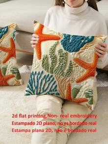 shangxia 1pc 2D Coastal Themed Starfish Decorative Pillow Cover - 18" X 18", Soft Polyester Fabric, Washable Zipper Design, Vibrant Ocean Pattern, Suitable For Living Room, Bedroom, Office Decor (Pillow Insert Not Included), Beach Theme Decor - Multicolor - View 3