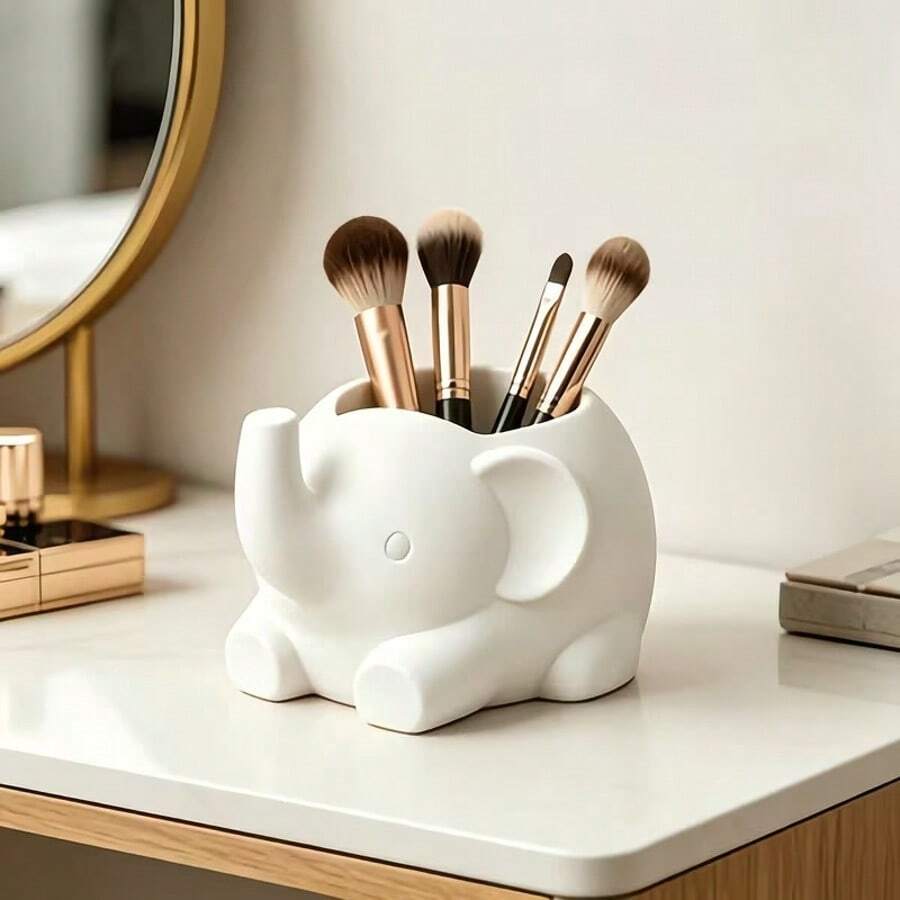Cute Elephant Shaped Pen Holder Desktop Organizer, Multifunctional Pencil Holder Makeup Brush Storage Box, Cartoon Animal Desktop Decor Stationery Accessory, Suitable For Office, Home, School Scenes - Multicolor - View 1