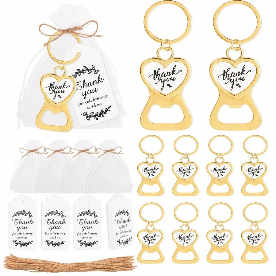 Gold Thank You Keychain Bottle Opener Gift Set With Bottle Opener, Card, Red Card, Rope, Organza Bag. Perfect For Birthday Party, Wedding, Theme Party, Bachelorette Party. - One Size Fits All - View 1