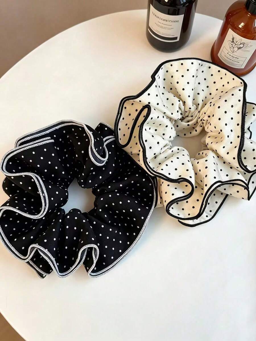 2pcs/1pc Women's Black & White Satin Polka Dot Scrunchies, Fashionable Versatile Elegant Minimalist Hair Accessories For Daily Wear, Outings, Casual, Beach, Party, Commute, Vacation, Ponytail, Bun, Hair Styling, Face Washing, Bathing, Makeup, Outfit Matching, Hair Ornament - Black and White - View 1