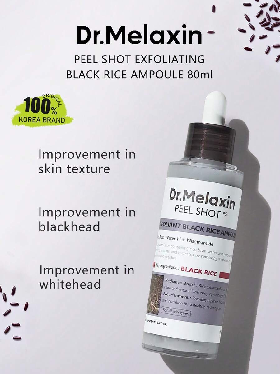 Dr.Melaxin PEEL SHOT 黑米去角質安瓶，溫和去角質精華液，保濕配方，輕盈易吸收，提亮膚色並改善粗糙肌膚紋理，韓國化妝品 80ml/2.7 Fl.Oz