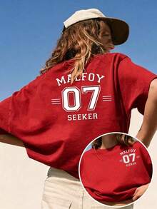 Women Crew Neck Tee, Malfoy 07 Seeker Back Print Short Sleeve, Stretchy All Season Casual Spring Summer Autumn Daily Printed Top - 紅色 - 查看 11