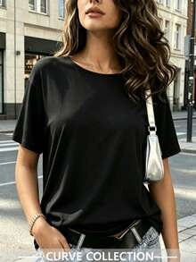 2026 Women's Plus Size Knit Round Neck Off-Shoulder Short Sleeve Loose Fit Casual Home Fashion Comfortable Beach Vacation Party College Style Versatile Black Wing Pattern T-Shirt Spring Summer Autumn - Black - View 3