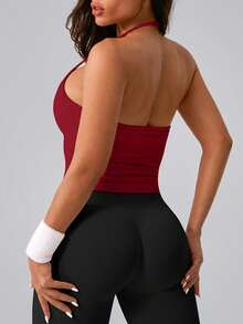 NcmRyu 1pc Women Halter Neck Elastic Ribbed Ruched Sports Camisole - Red - View 3