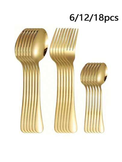 6/12/18pc Stainless Steel Gold 1010 Pasta Fork, Dessert Spoon, Coffee Stirrer, Salad Spoon/Fork, Soup/Rice Spoon Cutlery Set For Hotel, Restaurant, Home Gathering