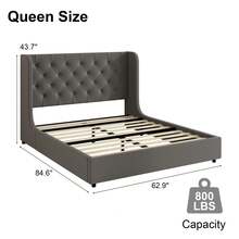 Modern Velvet Upholstered Bed Frame With Curved Wingback Design, Wooden Platform Bed Frame For Bedroom, Full Bed Frame/ Queen Bed Frame/ King Bed Frame/ Full Size Bed Frame/ Queen Size Bed Frame/ King Size Bed Frame,Pink/ White/ Grey - 深灰色 - 查看 7