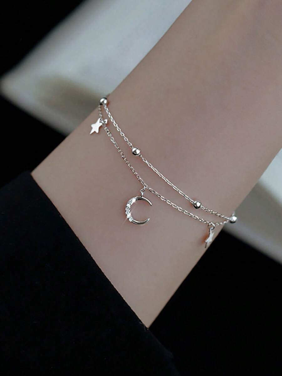 1pc Forest Style Small Fresh And Sweet Double-Layered Star And Moon Bracelet For Women Dating Daily Gift - Silver - View 1