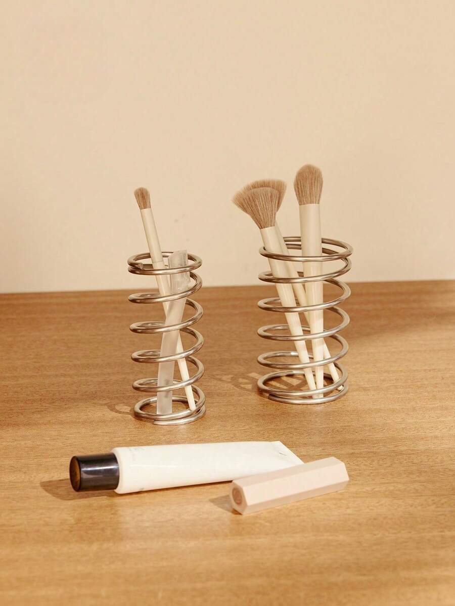 1pc Metal Desktop Organizer Rack, Hollow Makeup Brush Holder, Bathroom Storage Drain Rack Home Bathroom Decor Fall Decor Back To School - Silver - View 1