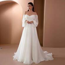 Marvellea Elegant Off Shoulder Puff Long Sleeve Chiffon Maxi Dress A Line Flowy Wedding Bridal Gown Formal Party Evening Gown - White - View 5