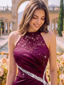 MIUSOL Floral Lace Contrast Color Sequin Backless Slit Satin Evening Gown, Elegant Party Dress Fall - Maroon - View 11