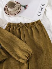 Left Mama Girls' Casual Minimalist Pleated Long Sleeve Top And Straight Leg Pants Set, Spring/Autumn - Olive Green - View 6