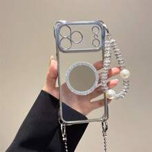 Four-Corner Anti-Drop Electroplated Magnetic Phone Case With Lanyard For IPhone 11 12 13 14 15 Pro Max 16 16 Pro Max 17 17 Pro 17 Pro Max Galaxy S21 22 23 24 Plus 25 25 Ultra 26 26 Plus Ultra A16 26 36 56 A15 35 55 34 54 33 53 52 Pura 80 80 Pro +90 90 Pro+ Mate 60 60 Pro 70 70 Pro - Silver Magnetic + Long Strap - View 3