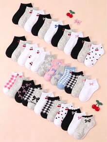 12/24 Pairs Random Style Ankle Socks For Baby, Cute Cherry Bow Pattern, Plaid Polka Dot Pattern, Baby Stuff, Baby Girl Essential, Girls Socks, Newborn - Multicolor - View 2