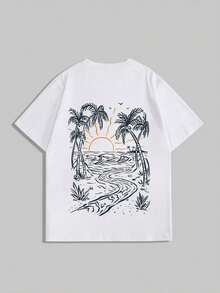 T-shirt à manches courtes col rond style décontracté américain, style plage côtière avec palmiers, convient pour la maison, le bureau, l'extérieur, la ville, régulier, loisirs, élégant, jeunesse, minimaliste, polyvalent, texturé, gracieux, naturel, littéraire - Blanc - Voir 4