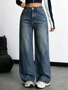 Jeans de pierna recta de mezclilla gris para adolescentes - Azul lavado medio - Ver 1