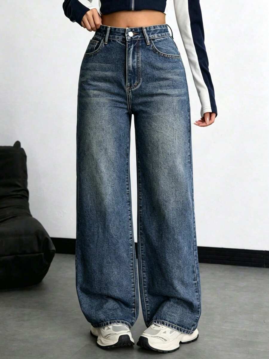 Jeans de pierna recta de mezclilla gris para adolescentes - Azul lavado medio - Ver 1