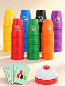 1 Set Large Size Stacking Cups Game (Includes Cards, 12 Cups, 1 Bell), Tabletop Game, Party Game, Color Sorting Cognitive Training Stacking Cups, Made Of Durable Material. Portable And Easy To Use, Play Anytime Anywhere. Develops Fast Thinking And Reaction Skills. - Multicolor - View 8