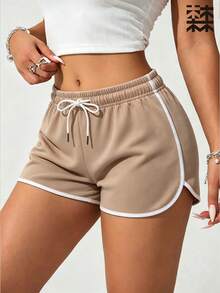 mulinsen Women's Athletic Shorts, Elastic Drawstring, Patchwork Hem, Quick-Dry Running Shorts, Suitable For Fitness Training And Daily Jogging - Khaki - View 1