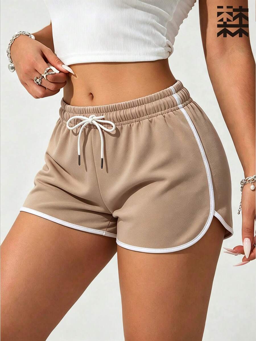 mulinsen Women's Athletic Shorts, Elastic Drawstring, Patchwork Hem, Quick-Dry Running Shorts, Suitable For Fitness Training And Daily Jogging - Khaki - View 1