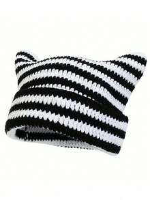 1pc Women's Handmade Knitted Hat, Y2K Striped Hat, Couple Cute Cat Ear Casual Hat, Suitable For Autumn/Winter Outdoor Sports, Street Fashion Matching, Christmas Winter Gift Cute - A - View 13