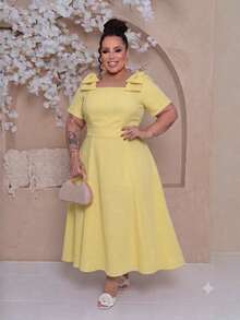 Women's Midi Plus Size Lined Dress With Square Neckline, Short Sleeves, Shoulder Bow, Padded Cups, And Elastic Back In Duna Linen - Elegant Party Dress - 黃色 - 查看 1
