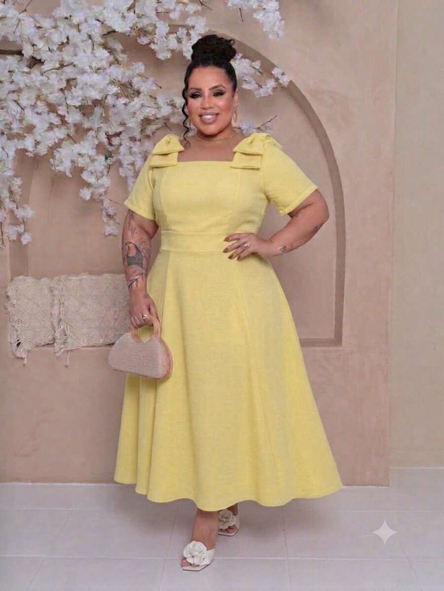 Women's Midi Plus Size Lined Dress With Square Neckline, Short Sleeves, Shoulder Bow, Padded Cups, And Elastic Back In Duna Linen - Elegant Party Dress - 黃色 - 查看 1