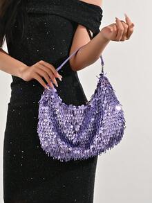 LJDCRFT Women's Evening Clutch With Sparkling Sequin-Embellished Shoulder Straps, Stylish And Portable, Suitable For Weddings, Cocktail Parties, And Banquets. - Purple - View 2
