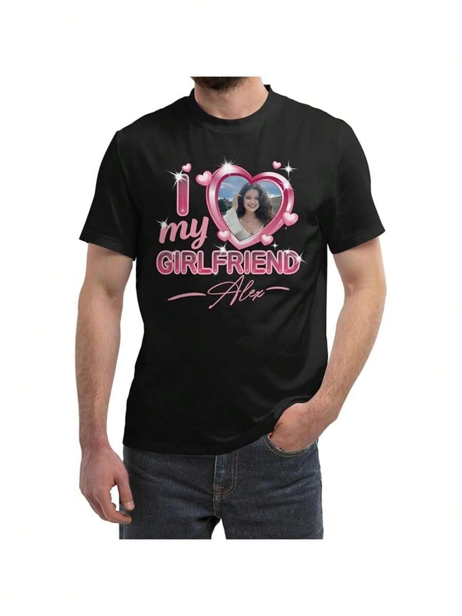 Custom Photo I Love My Girlfriend T-Shirt Personalized Gift For Couples And Girlfriends With Heart Design - 黑色 - 查看 1