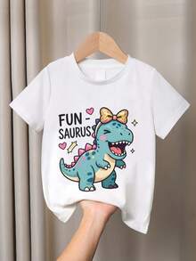 Summer/Autumn Cotton Short-Sleeved T-Shirt For Girls, Featuring A Cute Cartoon Blue And Green Dinosaur Print, In A Sweet And Charming Style - White - View 5