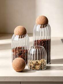 1pc Transparent Striped Glass Jar With Sealed Spherical Lid, Heat-Resistant And Moisture-Proof Food Storage Container For Coffee Beans, Spices, Salt, Dried Fruits, Herbal Tea And Desserts, Kitchen Storage Tool - Multicolor - View 3