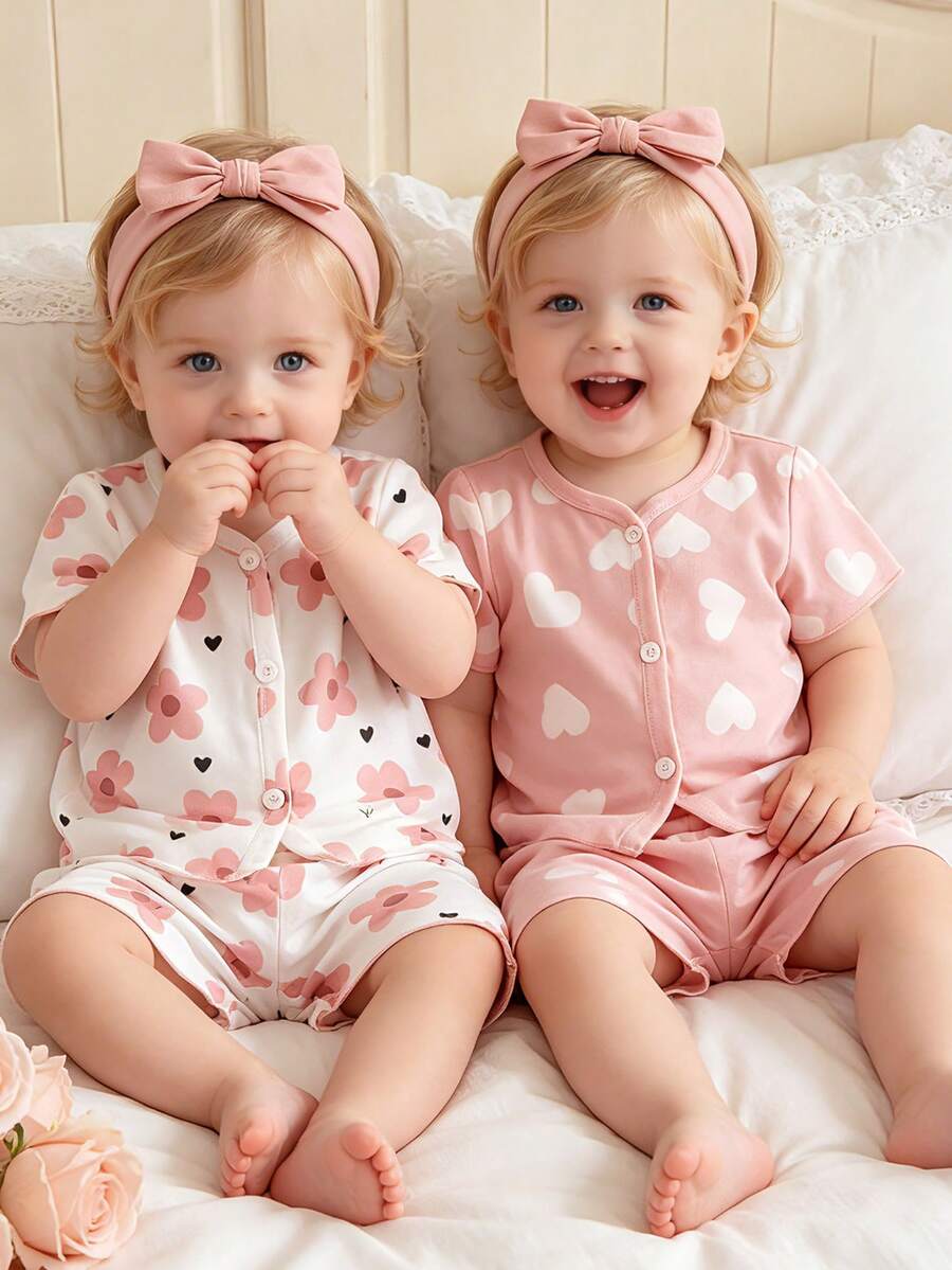 4pcs/Set Adorable Newborn Baby Pink Heart & Flower Print Short Sleeve Cardigan + Comfy Shorts Pajama Set, Infant Homewear - Multicolor - View 1